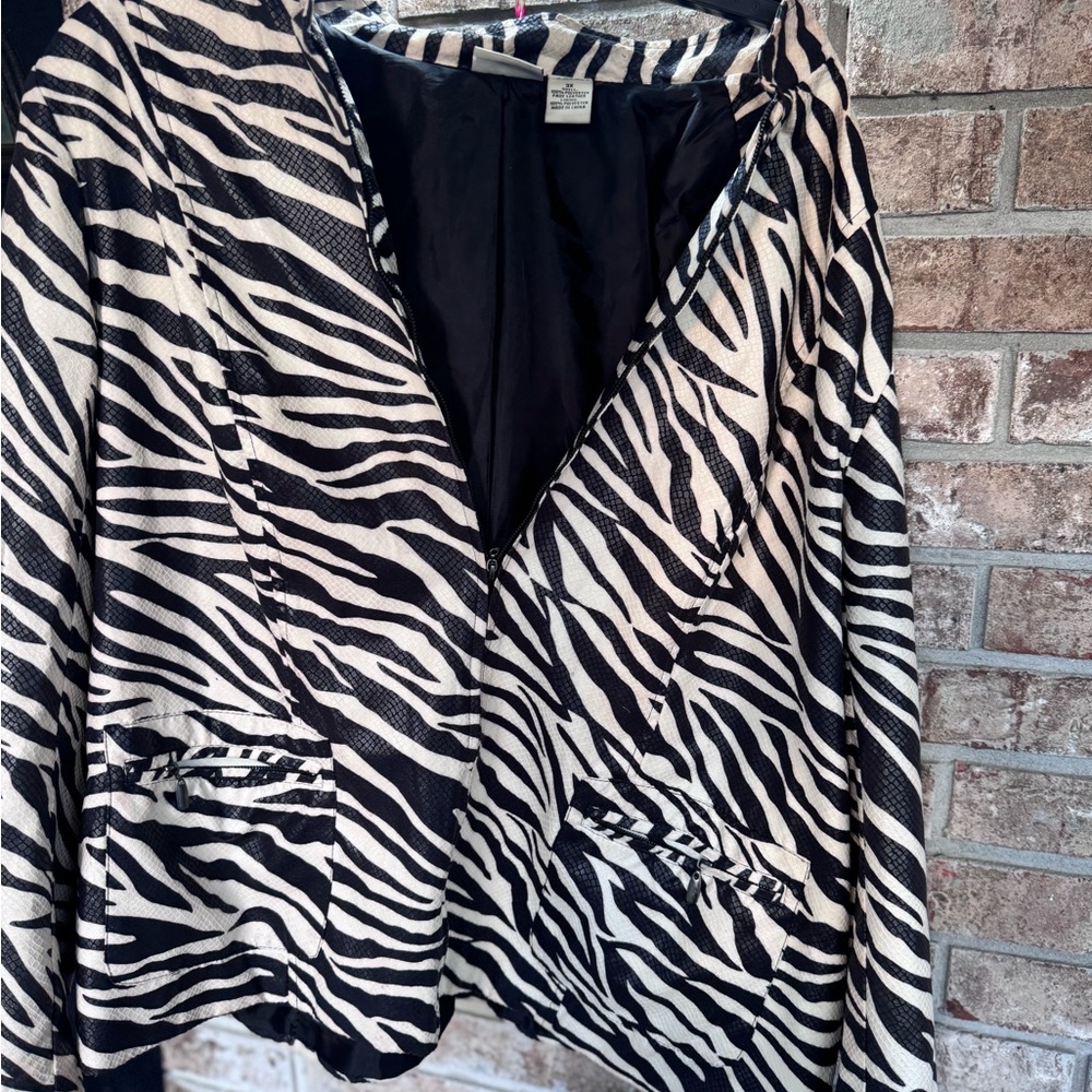 Kim Rogers Zebra-Print Faux Leather Jacket in Black and White